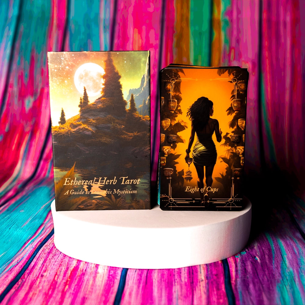 An image showcasing the "Ethereal Herb Tarot" deck by Puff Pass Printing. The deck box displays an enchanting landscape with a full moon illuminating a forested scene. Beside it is the "Eight of Cups" card, featuring a silhouette of a woman walking away while holding a lantern, set against a rich orange background with detailed cup illustrations. The backdrop of the image consists of vivid, multicolored abstract patterns.