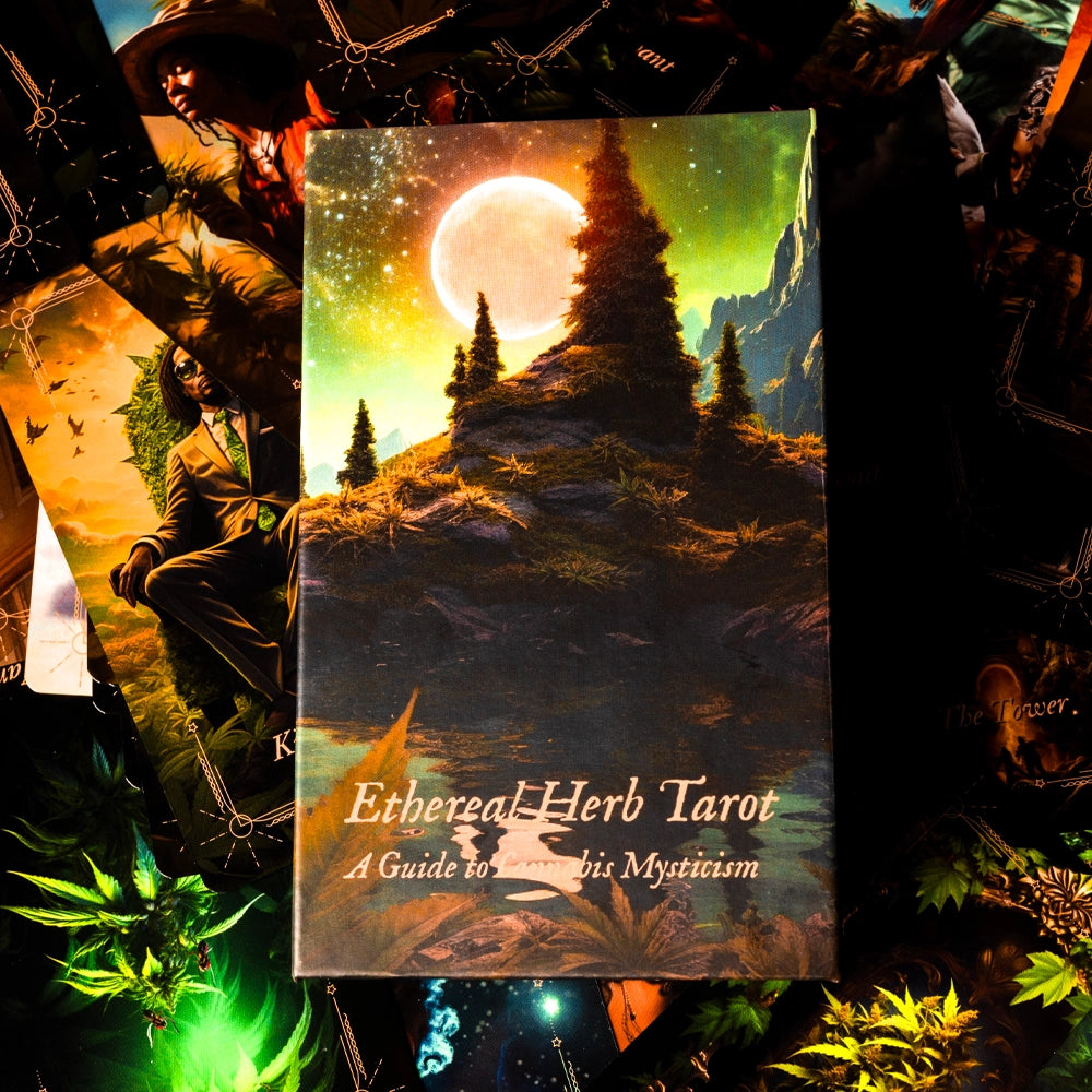 A vibrant image featuring the "Ethereal Herb Tarot" deck by Puff Pass Printing. The focal point is the deck's box, adorned with a mystical landscape of a moonlit forest, towering trees, and a serene sky. Surrounding the box are various tarot cards from the deck, showcasing intricate and imaginative cannabis-themed illustrations. The background and the cards' vibrant artwork contribute to the enchanting and magical atmosphere of the scene.