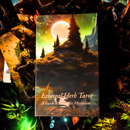 A vibrant image featuring the "Ethereal Herb Tarot" deck by Puff Pass Printing. The focal point is the deck's box, adorned with a mystical landscape of a moonlit forest, towering trees, and a serene sky. Surrounding the box are various tarot cards from the deck, showcasing intricate and imaginative cannabis-themed illustrations. The background and the cards' vibrant artwork contribute to the enchanting and magical atmosphere of the scene.